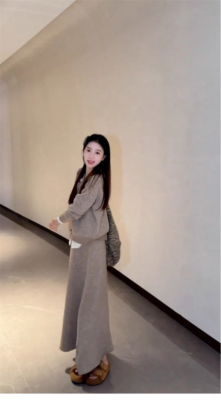 Chic Knitted Cardigan 2-Piece Set A-Line Maxi Dress Glam Jewel Neck Long Sleeve Colorblock Long Dress AP3692