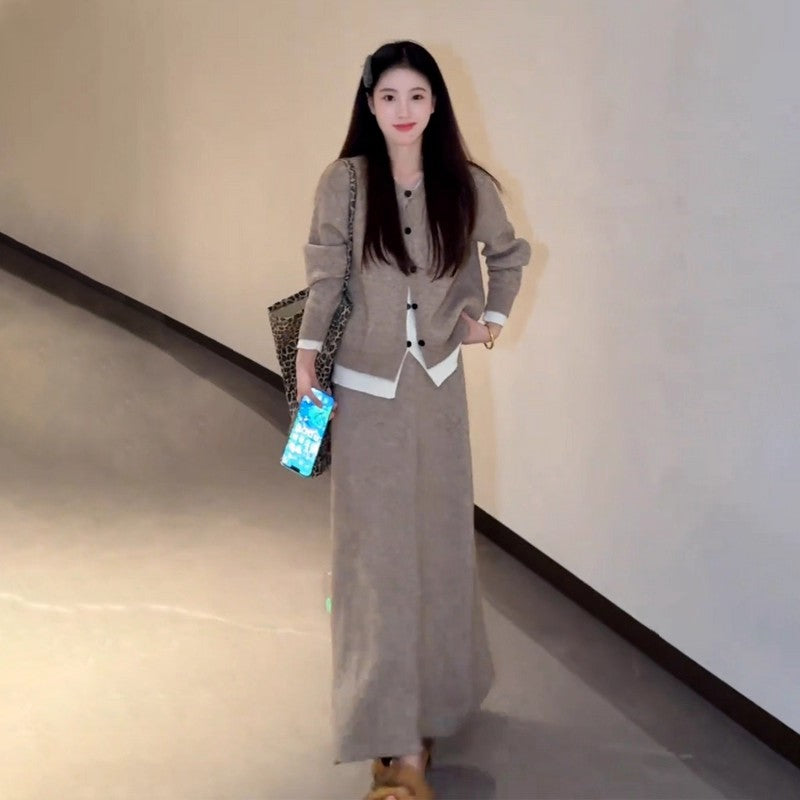 Chic Knitted Cardigan 2-Piece Set A-Line Maxi Dress Glam Jewel Neck Long Sleeve Colorblock Long Dress AP3692