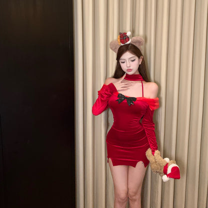 Alluring Sheath Red Velvet Slit Mini Skirt Christmas Day Style Off-Shoulder Bow Long Sleeve Short Dress AP3693