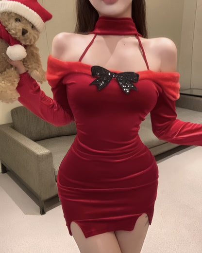 Alluring Sheath Red Velvet Slit Mini Skirt Christmas Day Style Off-Shoulder Bow Long Sleeve Short Dress AP3693