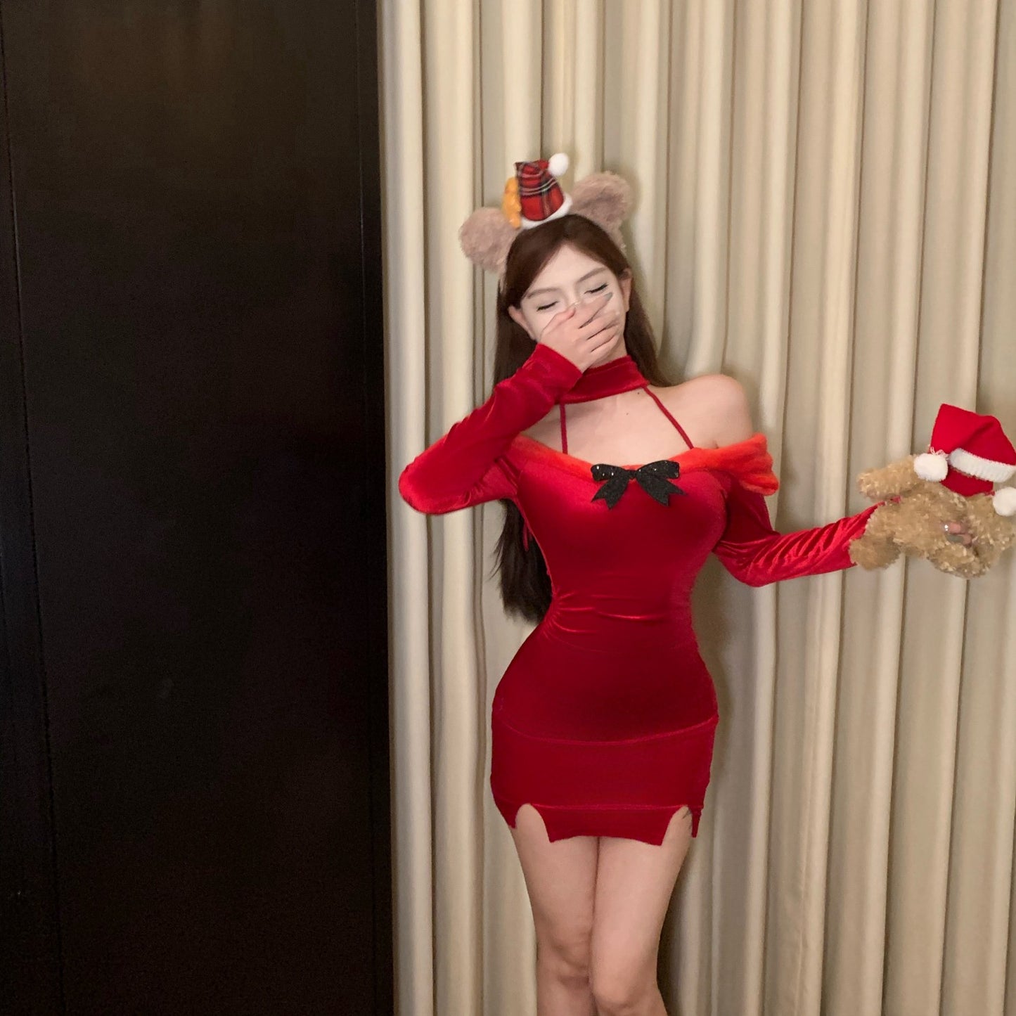 Alluring Sheath Red Velvet Slit Mini Skirt Christmas Day Style Off-Shoulder Bow Long Sleeve Short Dress AP3693
