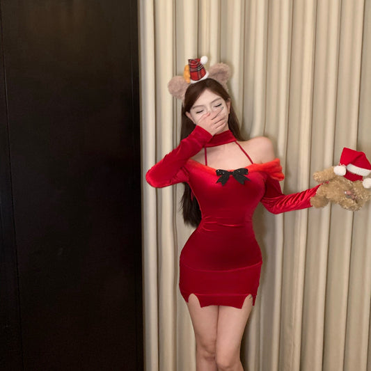 Alluring Sheath Red Velvet Slit Mini Skirt Christmas Day Style Off-Shoulder Bow Long Sleeve Short Dress AP3693