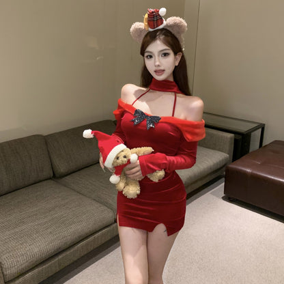 Alluring Sheath Red Velvet Slit Mini Skirt Christmas Day Style Off-Shoulder Bow Long Sleeve Short Dress AP3693