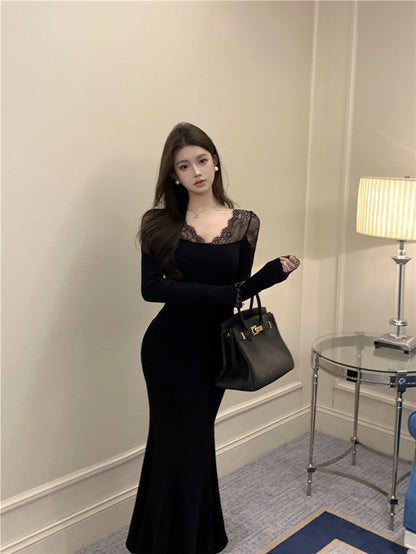 Classical Lace Splicing Long Sleeve Mermaid Maxi Dress Romantic V Neck Black Evening Long Dress AP3694