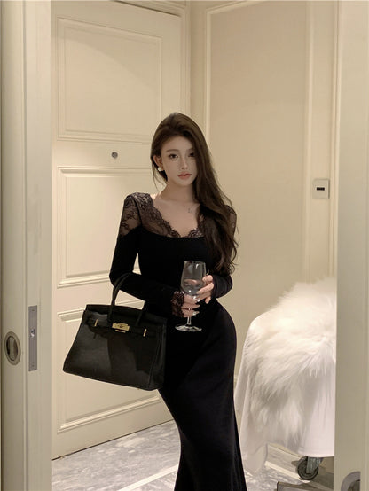 Classical Lace Splicing Long Sleeve Mermaid Maxi Dress Romantic V Neck Black Evening Long Dress AP3694