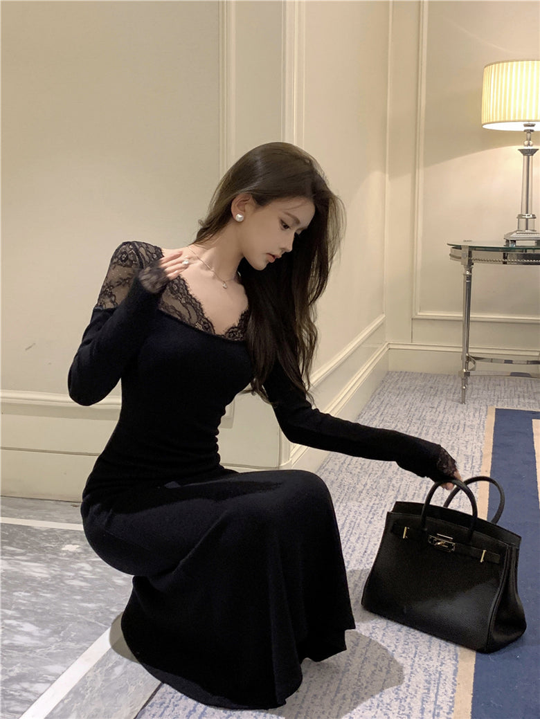 Classical Lace Splicing Long Sleeve Mermaid Maxi Dress Romantic V Neck Black Evening Long Dress AP3694