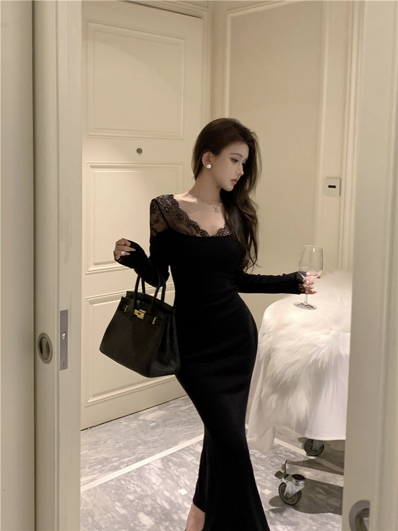 Classical Lace Splicing Long Sleeve Mermaid Maxi Dress Romantic V Neck Black Evening Long Dress AP3694