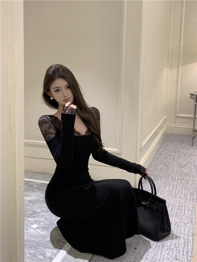 Classical Lace Splicing Long Sleeve Mermaid Maxi Dress Romantic V Neck Black Evening Long Dress AP3694