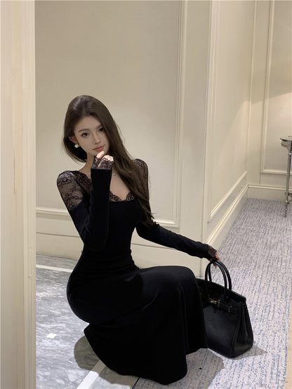 Classical Lace Splicing Long Sleeve Mermaid Maxi Dress Romantic V Neck Black Evening Long Dress AP3694