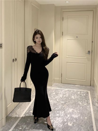 Classical Lace Splicing Long Sleeve Mermaid Maxi Dress Romantic V Neck Black Evening Long Dress AP3694