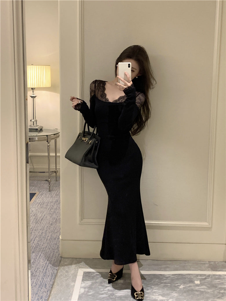 Classical Lace Splicing Long Sleeve Mermaid Maxi Dress Romantic V Neck Black Evening Long Dress AP3694