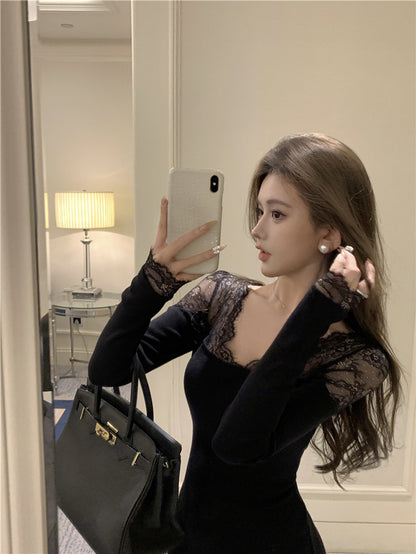 Classical Lace Splicing Long Sleeve Mermaid Maxi Dress Romantic V Neck Black Evening Long Dress AP3694