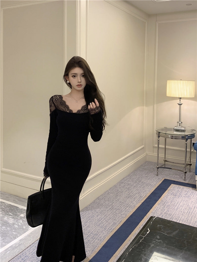 Classical Lace Splicing Long Sleeve Mermaid Maxi Dress Romantic V Neck Black Evening Long Dress AP3694