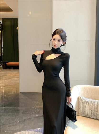 Fantastic Long Sleeve High Collar Maxi Dress Vogue A-Line Cutout Black Evening Long Dress AP3695