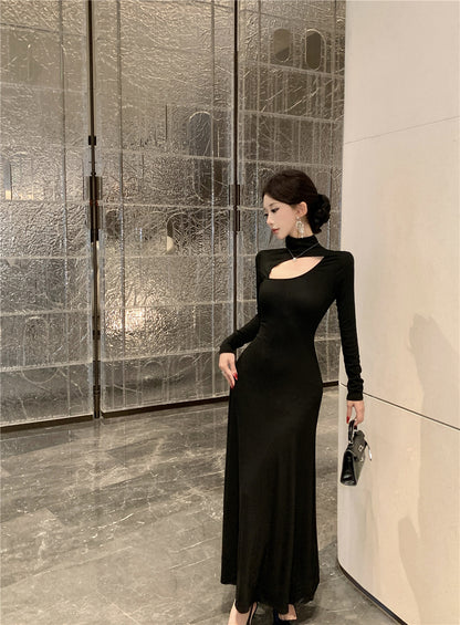 Fantastic Long Sleeve High Collar Maxi Dress Vogue A-Line Cutout Black Evening Long Dress AP3695
