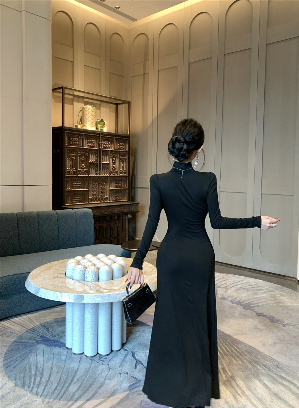 Fantastic Long Sleeve High Collar Maxi Dress Vogue A-Line Cutout Black Evening Long Dress AP3695