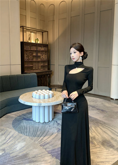Fantastic Long Sleeve High Collar Maxi Dress Vogue A-Line Cutout Black Evening Long Dress AP3695