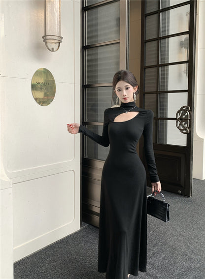 Fantastic Long Sleeve High Collar Maxi Dress Vogue A-Line Cutout Black Evening Long Dress AP3695