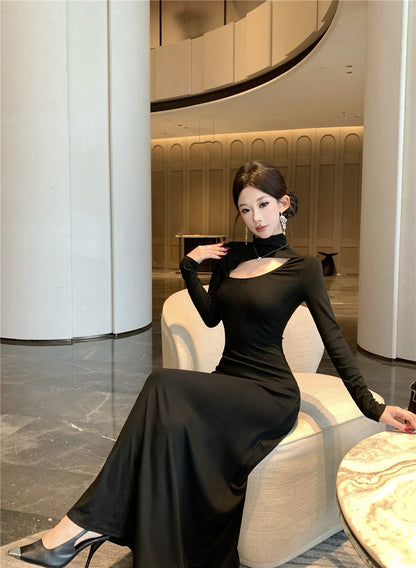 Fantastic Long Sleeve High Collar Maxi Dress Vogue A-Line Cutout Black Evening Long Dress AP3695