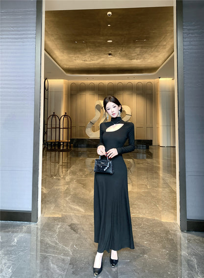 Fantastic Long Sleeve High Collar Maxi Dress Vogue A-Line Cutout Black Evening Long Dress AP3695