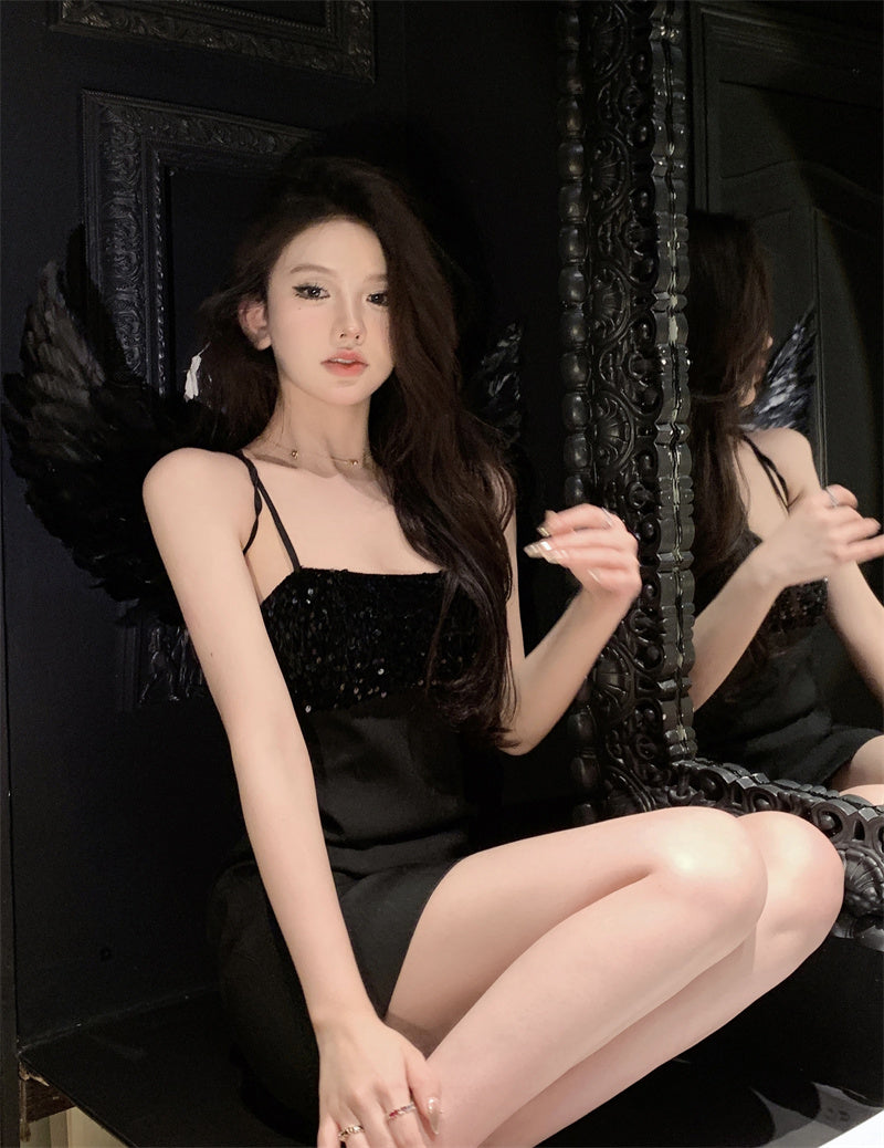 Sweet Sheath Black Parties Outfit Mini Skirt Chic Sequins Accent Spaghetti Strap Short Dress AP3696