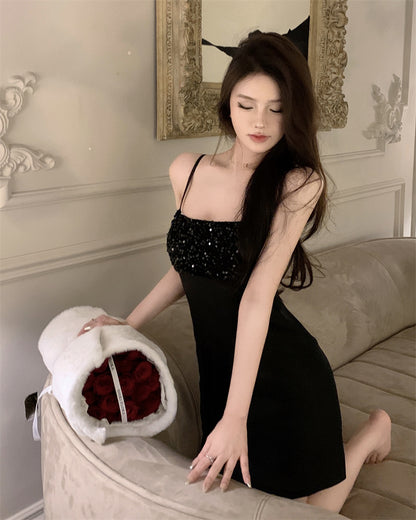 Sweet Sheath Black Parties Outfit Mini Skirt Chic Sequins Accent Spaghetti Strap Short Dress AP3696