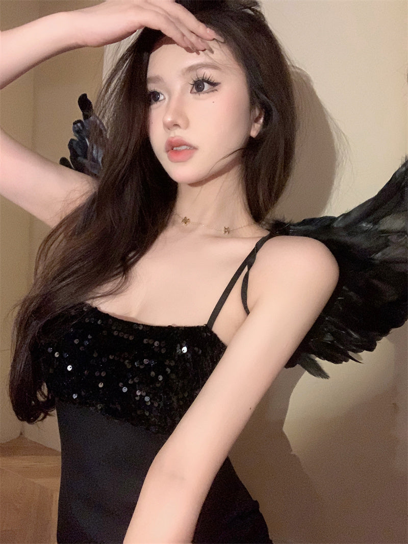 Sweet Sheath Black Parties Outfit Mini Skirt Chic Sequins Accent Spaghetti Strap Short Dress AP3696