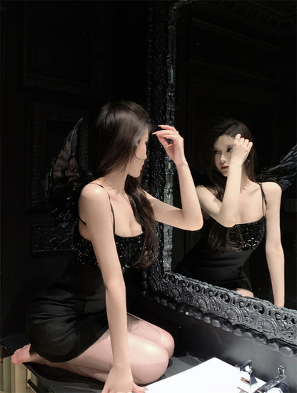 Sweet Sheath Black Parties Outfit Mini Skirt Chic Sequins Accent Spaghetti Strap Short Dress AP3696