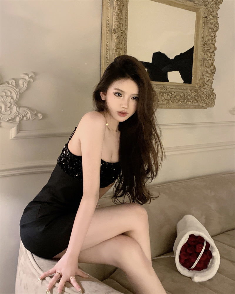 Sweet Sheath Black Parties Outfit Mini Skirt Chic Sequins Accent Spaghetti Strap Short Dress AP3696