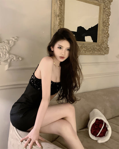 Sweet Sheath Black Parties Outfit Mini Skirt Chic Sequins Accent Spaghetti Strap Short Dress AP3696