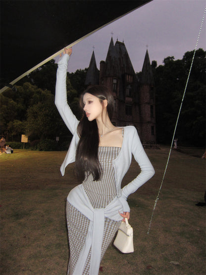 Cute Plaid Knot Sash 3-Piece Set Maxi Dress Glam Long Sleeve Cardigan & Spaghetti Straps Bodice Mermaid Long Dress AP3697