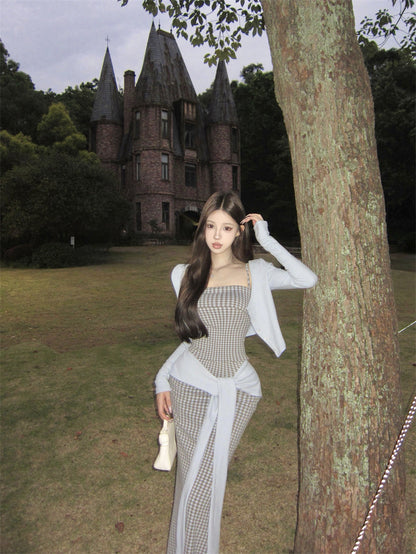 Cute Plaid Knot Sash 3-Piece Set Maxi Dress Glam Long Sleeve Cardigan & Spaghetti Straps Bodice Mermaid Long Dress AP3697