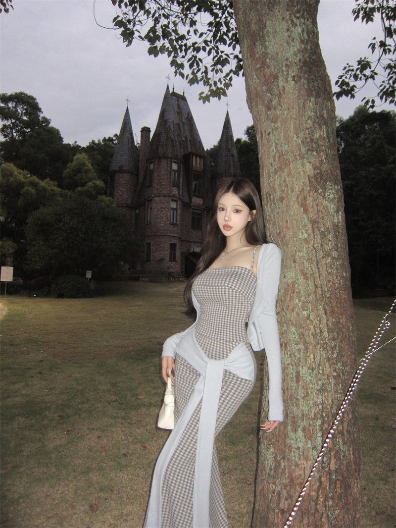 Cute Plaid Knot Sash 3-Piece Set Maxi Dress Glam Long Sleeve Cardigan & Spaghetti Straps Bodice Mermaid Long Dress AP3697