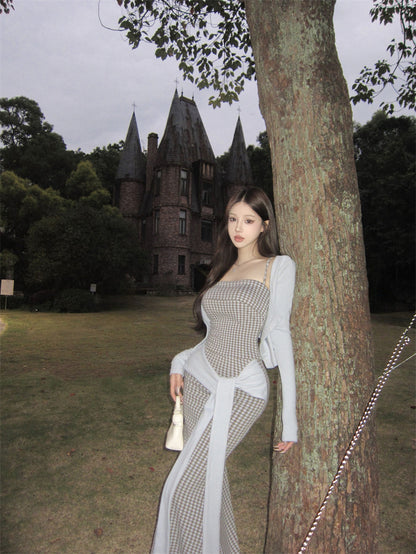 Cute Plaid Knot Sash 3-Piece Set Maxi Dress Glam Long Sleeve Cardigan & Spaghetti Straps Bodice Mermaid Long Dress AP3697