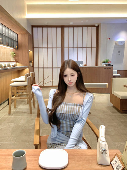 Cute Plaid Knot Sash 3-Piece Set Maxi Dress Glam Long Sleeve Cardigan & Spaghetti Straps Bodice Mermaid Long Dress AP3697