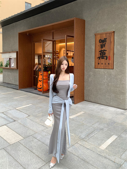 Cute Plaid Knot Sash 3-Piece Set Maxi Dress Glam Long Sleeve Cardigan & Spaghetti Straps Bodice Mermaid Long Dress AP3697