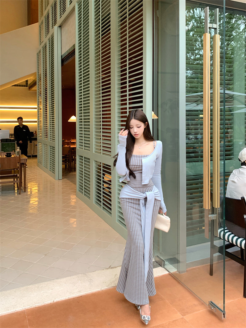 Cute Plaid Knot Sash 3-Piece Set Maxi Dress Glam Long Sleeve Cardigan & Spaghetti Straps Bodice Mermaid Long Dress AP3697