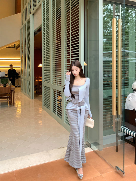 Cute Plaid Knot Sash 3-Piece Set Maxi Dress Glam Long Sleeve Cardigan & Spaghetti Straps Bodice Mermaid Long Dress AP3697