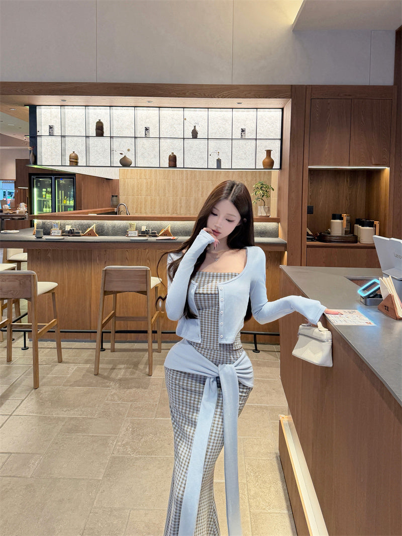 Cute Plaid Knot Sash 3-Piece Set Maxi Dress Glam Long Sleeve Cardigan & Spaghetti Straps Bodice Mermaid Long Dress AP3697