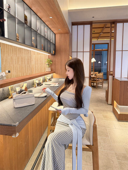 Cute Plaid Knot Sash 3-Piece Set Maxi Dress Glam Long Sleeve Cardigan & Spaghetti Straps Bodice Mermaid Long Dress AP3697