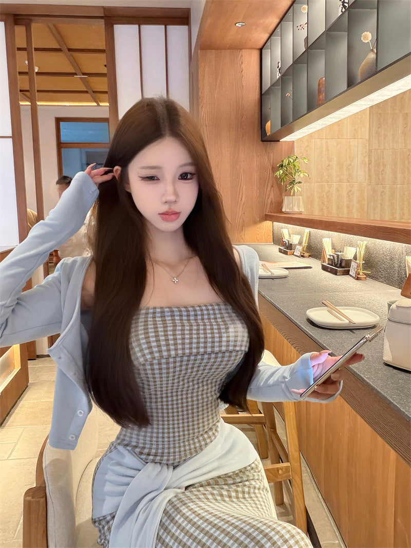 Cute Plaid Knot Sash 3-Piece Set Maxi Dress Glam Long Sleeve Cardigan & Spaghetti Straps Bodice Mermaid Long Dress AP3697