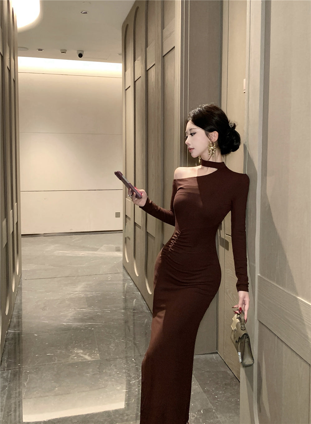 Artistic Long Sleeve Sheath Ruched Maxi Dress Retro Asymmetric Neck Slit Long Dress AP3699