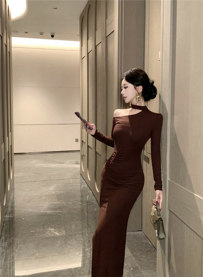 Artistic Long Sleeve Sheath Ruched Maxi Dress Retro Asymmetric Neck Slit Long Dress AP3699
