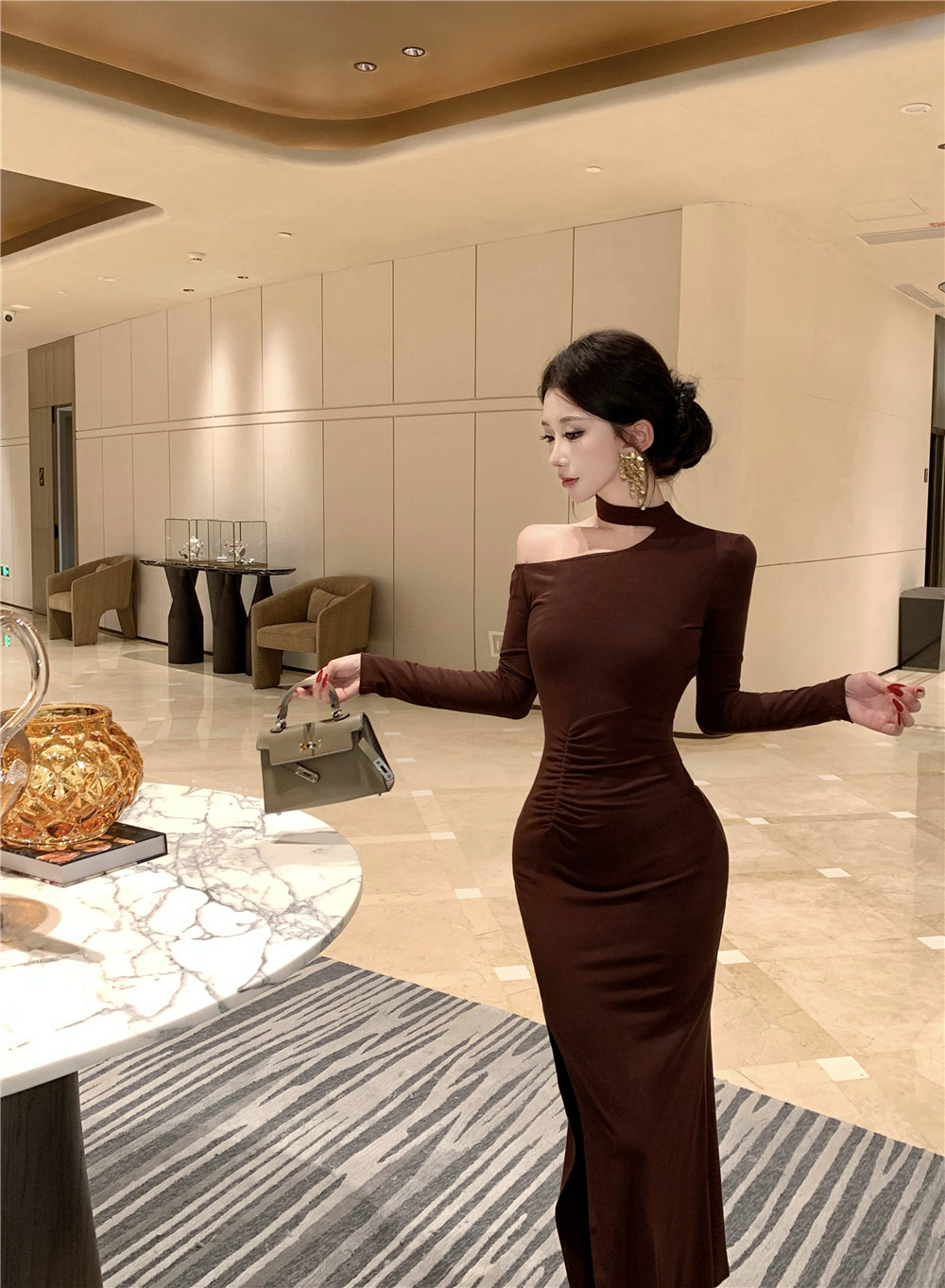 Artistic Long Sleeve Sheath Ruched Maxi Dress Retro Asymmetric Neck Slit Long Dress AP3699