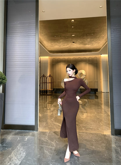Artistic Long Sleeve Sheath Ruched Maxi Dress Retro Asymmetric Neck Slit Long Dress AP3699