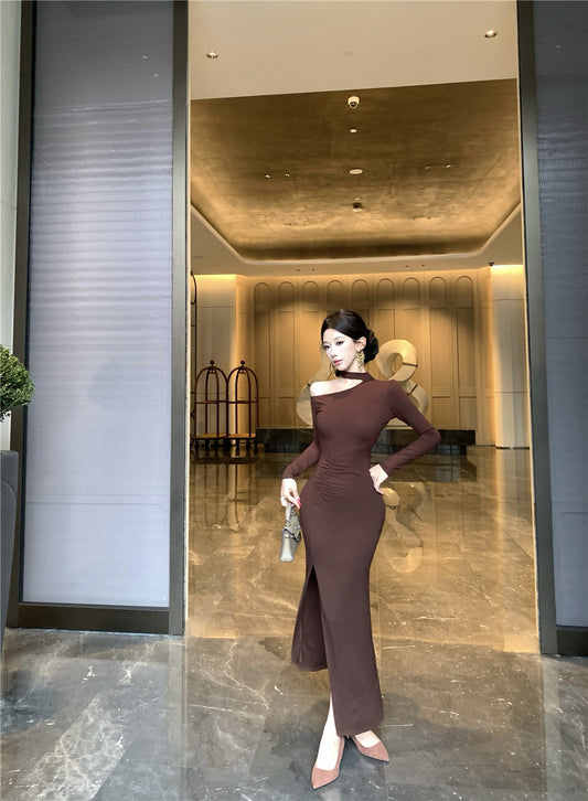 Artistic Long Sleeve Sheath Ruched Maxi Dress Retro Asymmetric Neck Slit Long Dress AP3699
