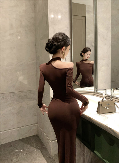 Artistic Long Sleeve Sheath Ruched Maxi Dress Retro Asymmetric Neck Slit Long Dress AP3699