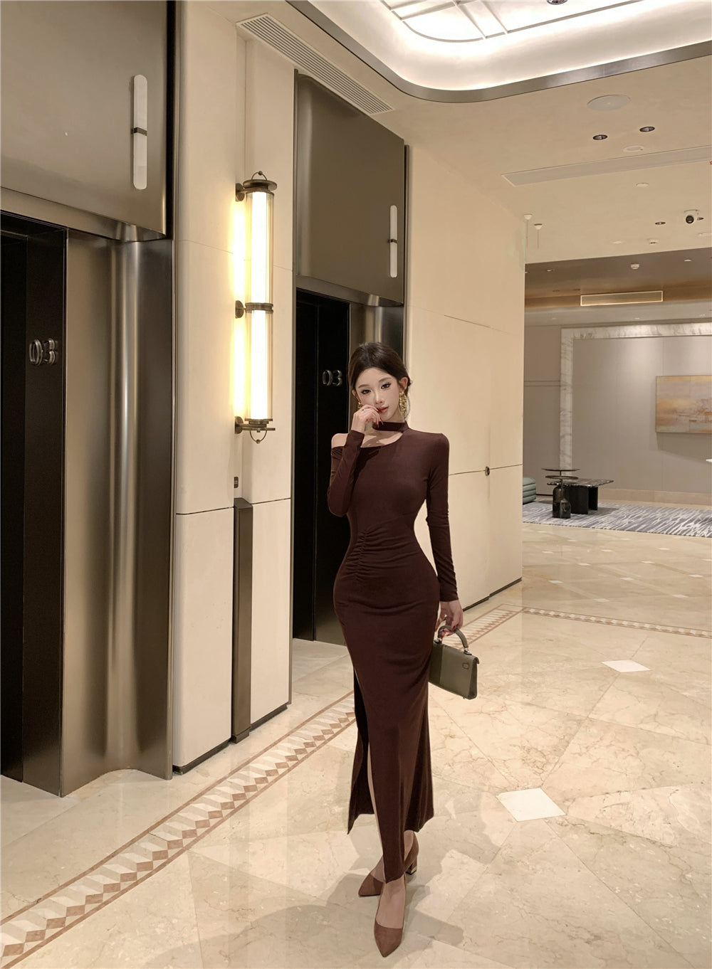 Artistic Long Sleeve Sheath Ruched Maxi Dress Retro Asymmetric Neck Slit Long Dress AP3699