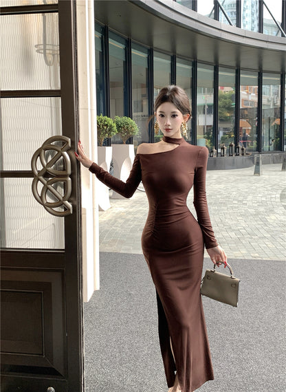 Artistic Long Sleeve Sheath Ruched Maxi Dress Retro Asymmetric Neck Slit Long Dress AP3699