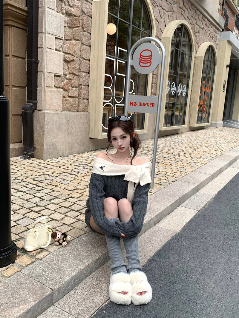 Dreamy Sheath Grey Loose Fit Knitted Mini Skirt Fashionable Off-Shoulder Bow Accent Long Sleeve Short Dress AP3700